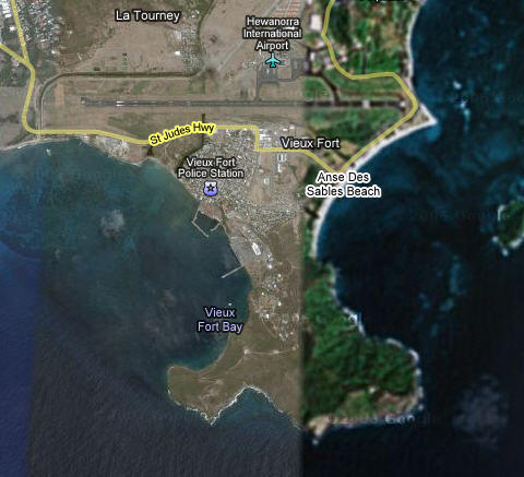 Google Earth view of the bay.  Launch point is about halfway between the D in the Anes Des Sable Beach label and the point to the north.