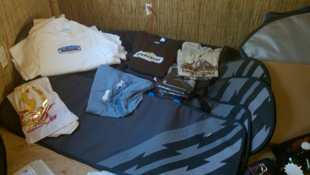 Ion board bags, clothing from Transcend, Kitesites, and some flags
