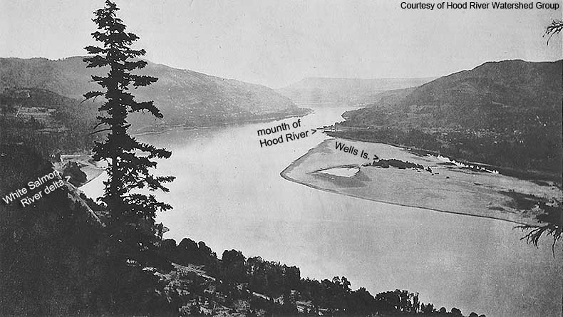 From the 1805 journal of Lewis and Clark: "...passed a large creek at 1 mile on the Stard. Side (White Salmon River) in which the Indians catch fish, a large Sand bar from the Lard. Side for 4 miles (below Hood River)." This old photo, taken from Underwo