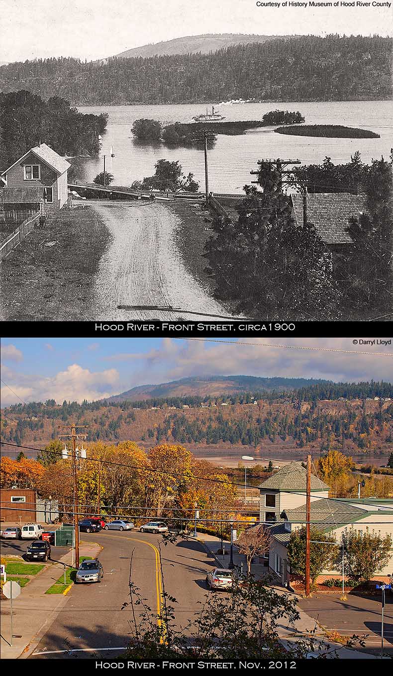 The c.1900 photo shows wooded islands in the delta beyond Front Street flooded by high water of the Columbia River. My present-day photo doesn't show the huge changes in the background landscape, so I added the GoogleEarth image (below).