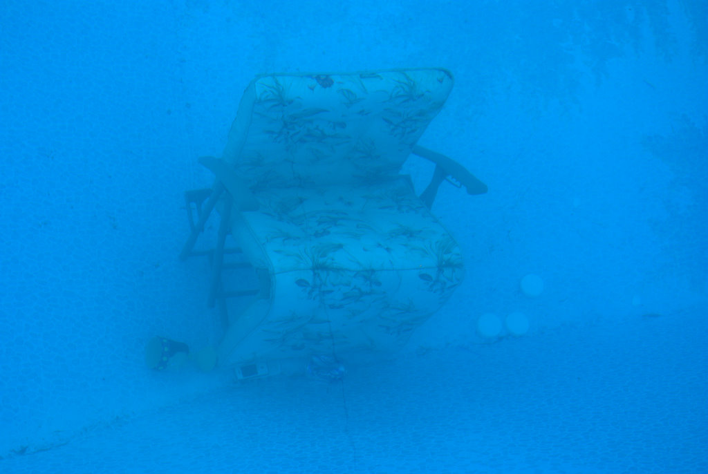 Cell phone and lawn chair at the bottom of the pool.  And a cocktail glass.  I think the suspect was sleeping on my couch.