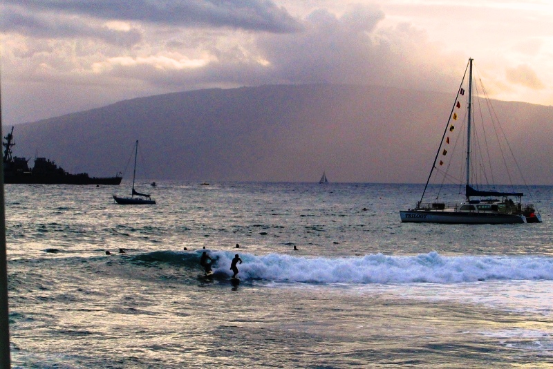 Riding the double-up ferry wake/surf break in Lahaina Harbor