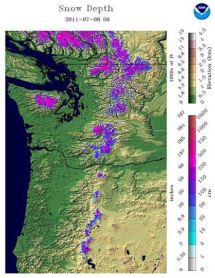 Snow Depth on July 8, 2011.  Source: <br />http://www.nohrsc.noaa.gov/nsa/index.html?region=Northwest&year=2011&month=7&day=8&units=e