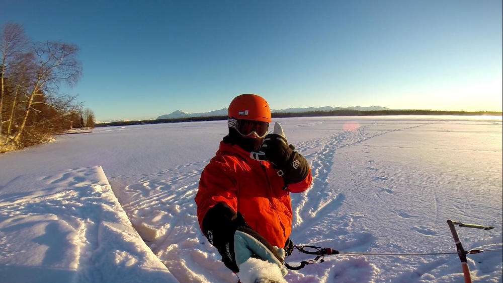 First snowkite session of the new season.  Lake Lucille, Alaska.  November 2013.
<br />7m Ocean Rodeo Prodigy