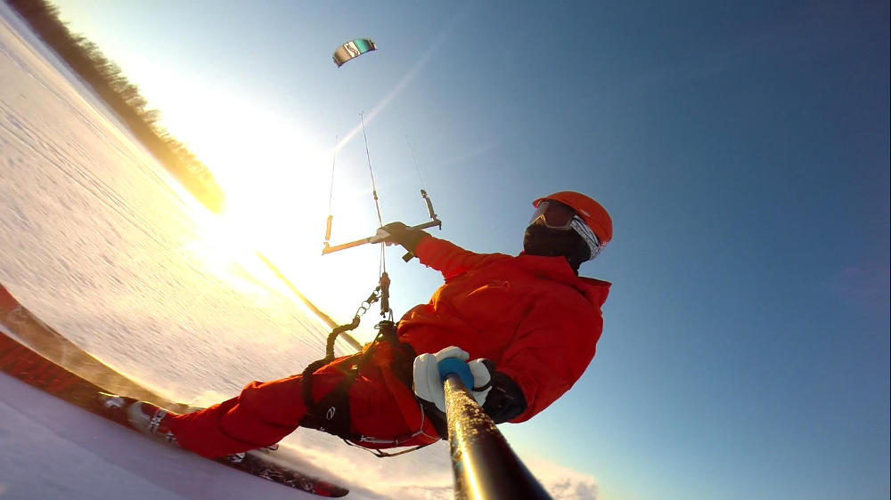 First snowkite session of the new season.  Lake Lucille, Alaska.  November 2013.
<br />7m Ocean Rodeo Prodigy