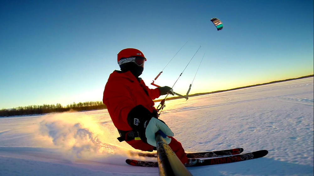 First snowkite session of the new season.  Lake Lucille, Alaska.  November 2013.
<br />7m Ocean Rodeo Prodigy
