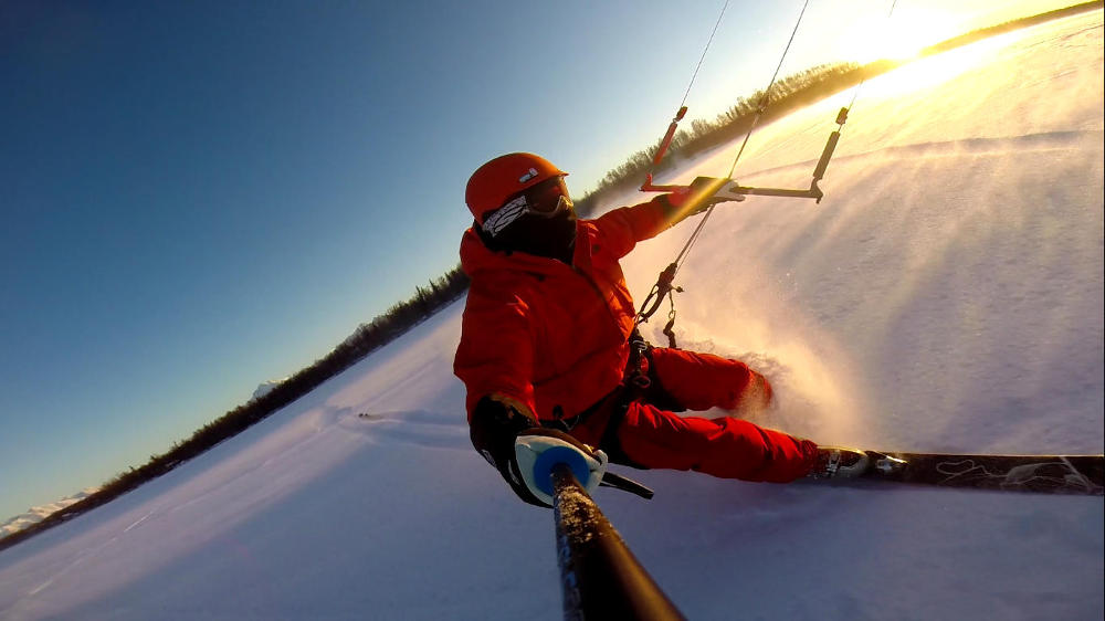 First snowkite session of the new season.  Lake Lucille, Alaska.  November 2013.
<br />7m Ocean Rodeo Prodigy - Yep.. lost a ski back there...